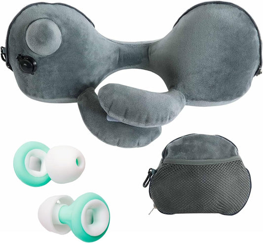 Silikon-Ohrstöpsel für tiefen Schlaf &amp; kompaktes, aufblasbares Reisekissen-Set – Geräuschreduzierende, wiederverwendbare Ohrstöpsel in verschiedenen Größen + 360°-Nackenstützkissen für Flugzeug, Reisen, Arbeit &amp; Entspannung -EU-